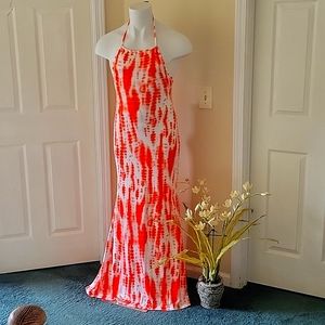 Orange and White Strappy Back Tie up Maxi Dress